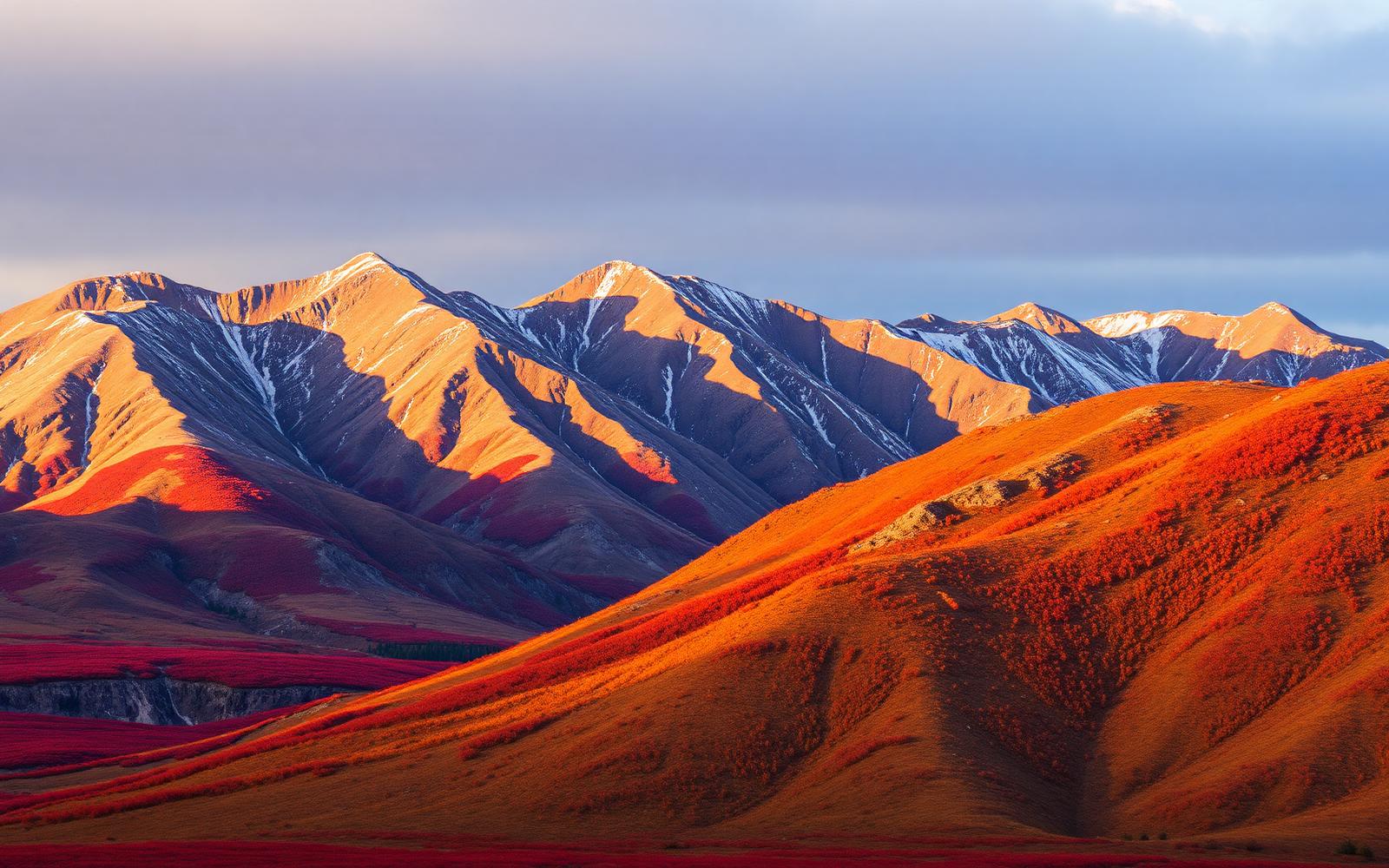 Autumn-colored tundra slopes below the Richardson Mountains at sunset