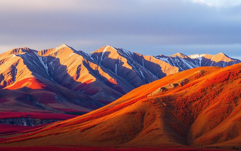 Autumn-colored tundra slopes below the Richardson Mountains at sunset