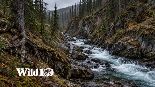 Fast narrow creek running diagonally through a deep boreal ravine, exposed tree roots gripping bank, spruce needles, glossy stones and white riffles, overcast late autumn subdued green and earth.