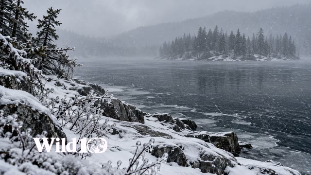 An empty inland lake seen from snow-covered rocky shore during blowing fine snow, ice on near branches, dark conifer island dissolving in snow haze, muted steel gray and white with rich shadows.