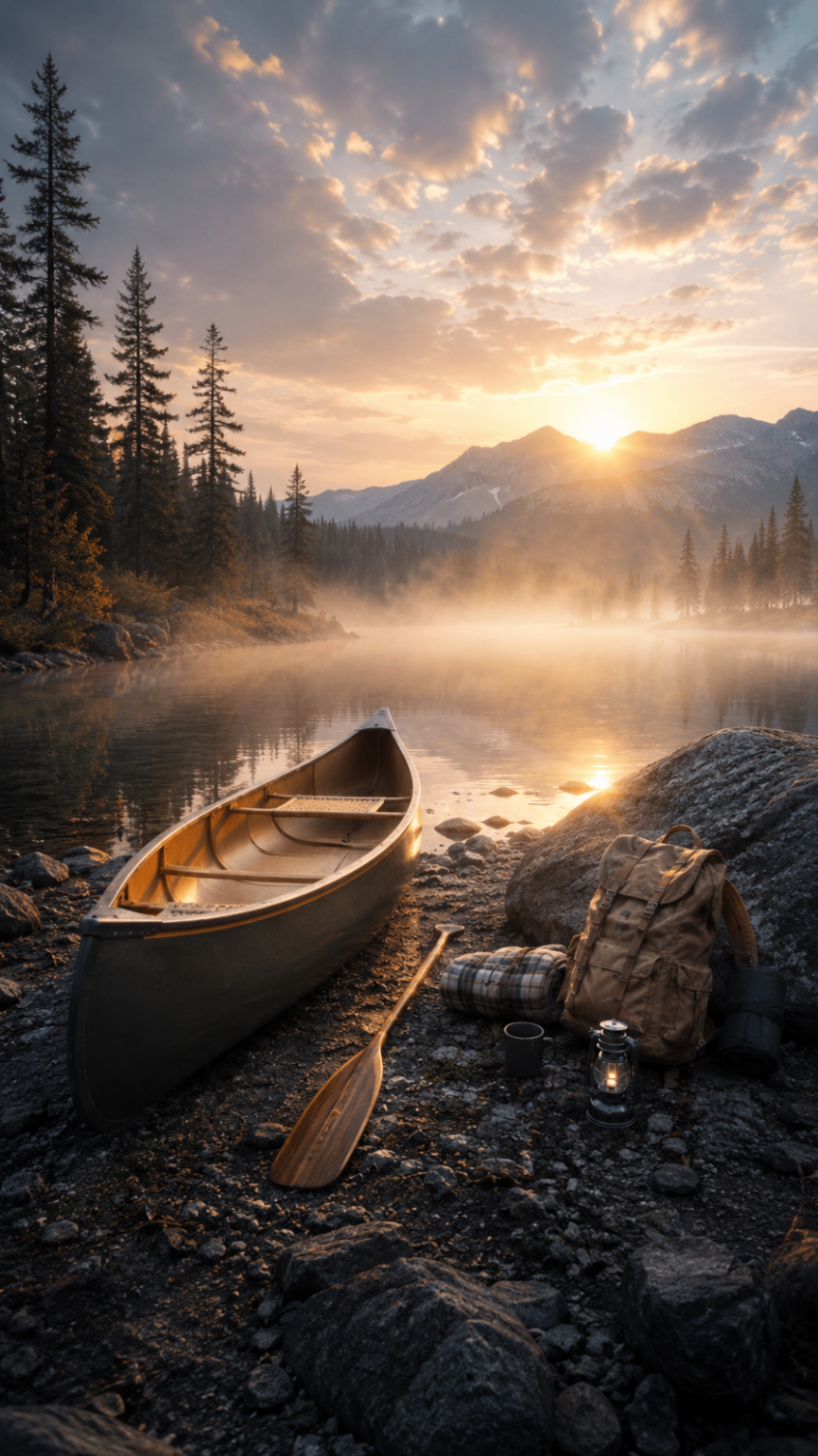 Canoe pulled up on a rocky lakeshore at sunrise with paddle, pack, and lantern