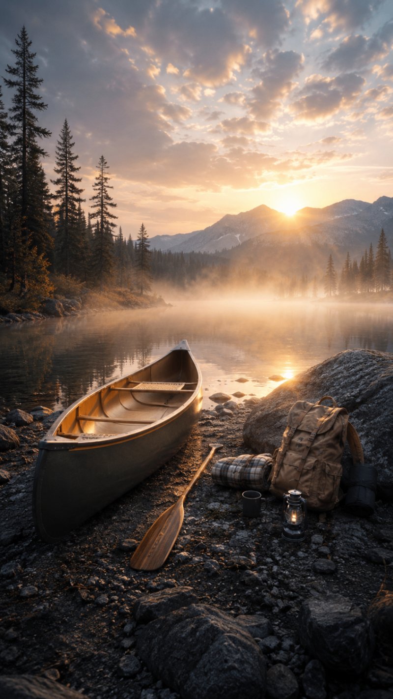 Canoe at sunrise on a still lake