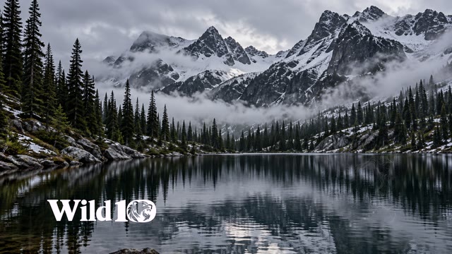 A narrow dark mountain lake below the first fresh snowline, spruce silhouettes reflected in softly rippled water, low white fog and charcoal peaks.