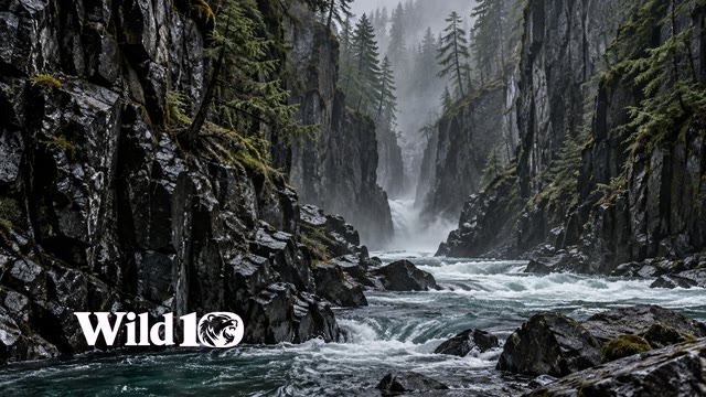 Cold river flowing through a narrow dark basalt canyon, wet vertical rock walls, sparse cedar clinging to ledges, faint drifting spray in gray light.