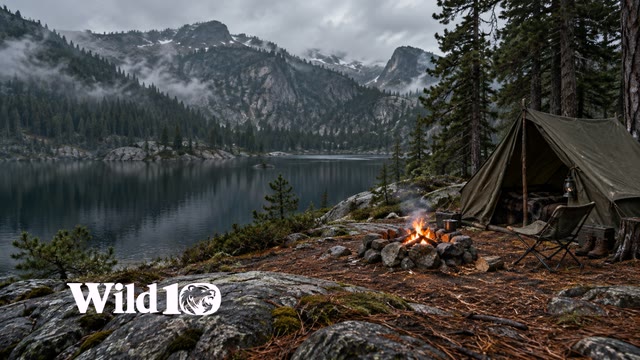 Canvas tent and restrained firelight beside a quiet mountain lake.