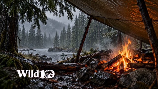Close view of a modest stone-ring fire protected by a high simple canvas tarp, wet logs and dripping cedar boughs, orange flame on right third against rainy charcoal forest, forest camp realism.