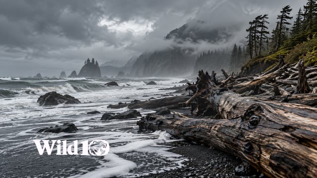 Northern wilderness beach strewn with huge dark driftwood trunks, foam washing across black sand, gray surf and low sea fog, wind-bent spruces at the far right, stormy monochrome with muted olive.