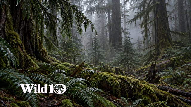 Dense ancient hemlock forest after heavy rain, close hanging needles and glistening fern fronds, moss-covered fallen timber, luminous low gray fog, no open lake.