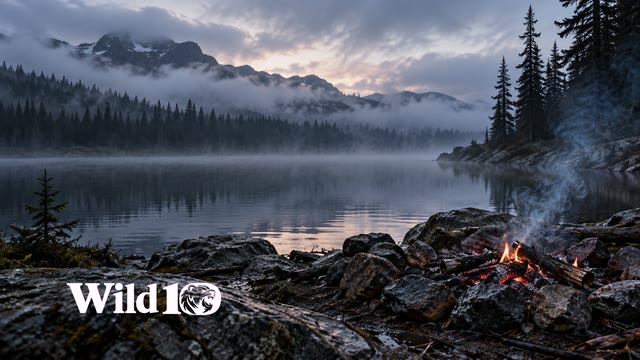 Small dying campfire on the right among wet stones beside a remote dark lake, mostly coals with a few low flames and a fine blue smoke plume, dawn fog, silhouetted spruce and distant hills.
