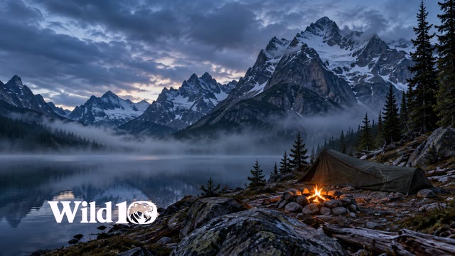 Tiny low-profile dark olive bivouac pitched right of center on a rocky lakeshore beneath enormous wilderness peaks, a small campfire, cold blue hour clouds, quiet low lake mist.
