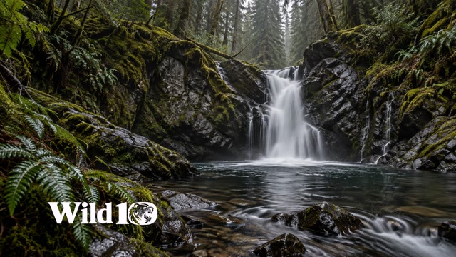 Small remote waterfall dropping between mossy black rocks in dense conifer forest, wisps of spray, dark shallow pool, wet ferns at frame edges, long-exposure editorial photography but crisp rocks.