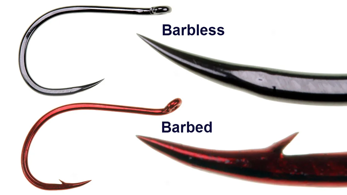 Close-up comparison of a barbed and a barbless fishhook