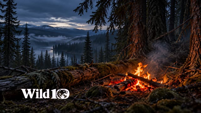 Intimate small bed of glowing coals and low orange flames under towering black spruce at nightfall, mossy log foreground, wisp of smoke, deep blue mist between distant trees, fire right of center.