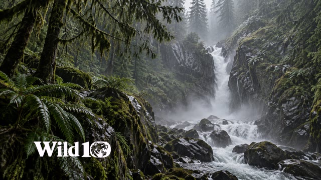Remote wet gorge with a narrow cascade falling through ferns and dark stone, overhead conifer branches, drifting spray and rain haze, deep olive and charcoal.