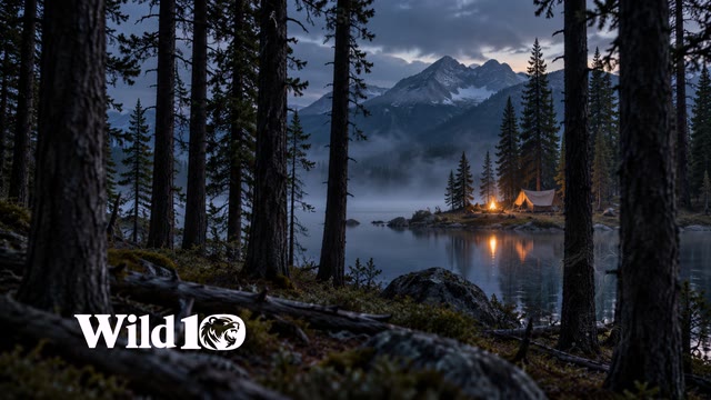 Distant tiny warm campfire and unbranded canvas shelter seen through a foreground curtain of tall dark pine trunks, misty lake behind camp, restrained blue-hour amber glow, no people.