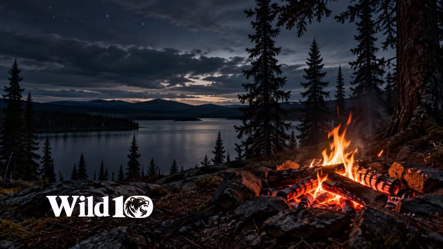 Small close campfire beneath tall black spruce silhouettes, almost-night wilderness lake in background, few tiny distant stars through thin cloud, glowing red coals and restrained amber flames, dark but textured.
