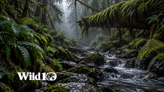 Low view into thick temperate rainforest ravine, enormous moss-covered fallen tree across upper right, ferns and wet stones in foreground, shallow creek slipping away into mist, subdued emerald and deep shadow.