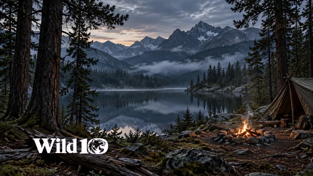 Wide intimate lakeside wilderness camp framed by giant pines, weathered canvas shelter far right, small stone-ring fire, distant layered mountains and blue fog, dark reflective lake center, very subtle pale horizon glow.