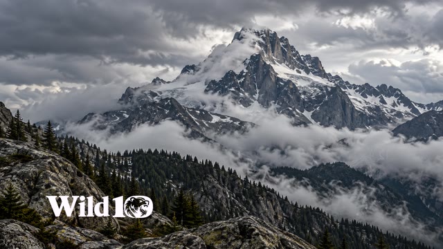 A single massive rugged mountain summit emerging from a swirling low cloud bank, dark pine foothills and rough rock foreground, moody telephoto landscape.