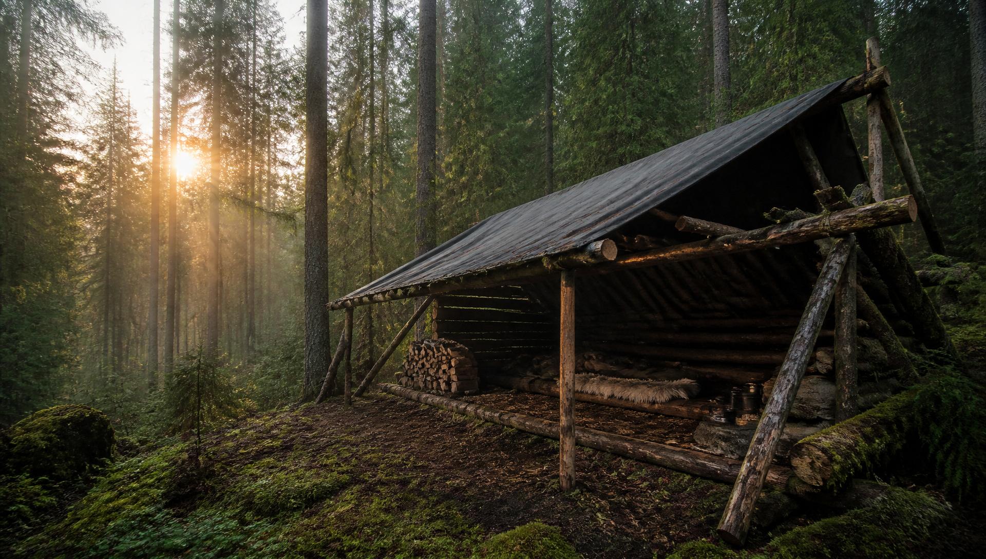 A log lean-to survival shelter with a fire burning out front in a misty boreal forest