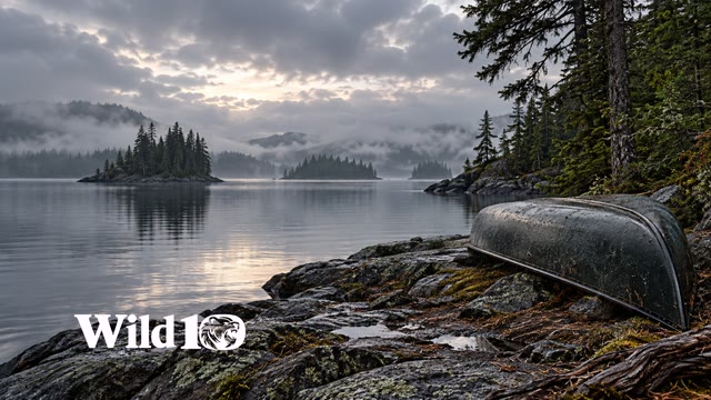 A weathered unbranded dark canoe resting upside down on wet rocky shore on right third, old-growth pines, distant chain of misty islands on an inland lake, gray dawn and muted forest tones.