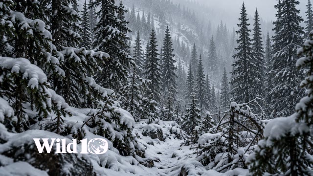 Dense black spruce forest in a diagonal snow flurry, low viewpoint from a narrow trail, layered snow-coated branches, subdued slate and icy gray, visibility fading toward pale distance.