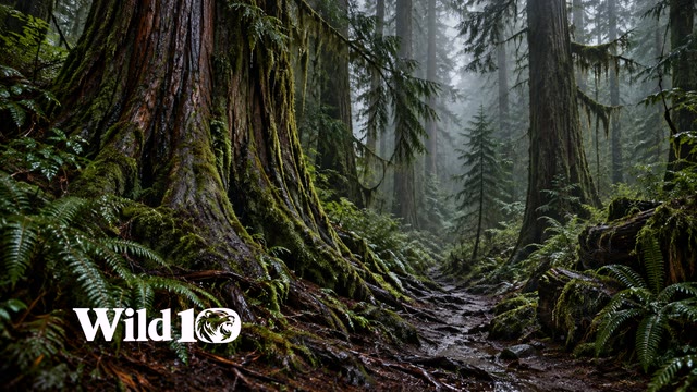 Deep temperate rainforest trail after rain, enormous wet western red cedar trunks, hanging ferns, moss-covered roots and low fog, muted jade and charcoal, no lake or mountains.
