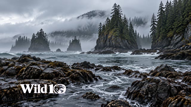 Remote rocky tidal inlet on a northern island, low mist curling around sea stacks and black spruce shore, quiet foam eddies between foreground rocks, desaturated cold gray-blue with deep green.