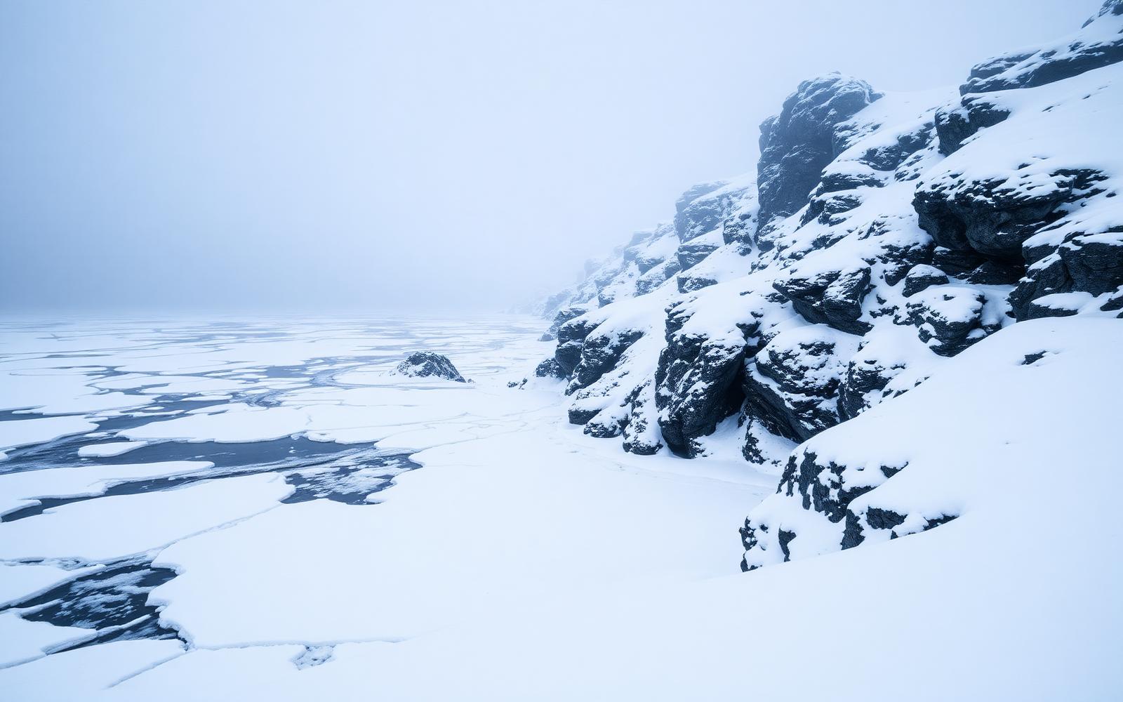 Snow-covered rocky headland above frozen North Atlantic sea ice