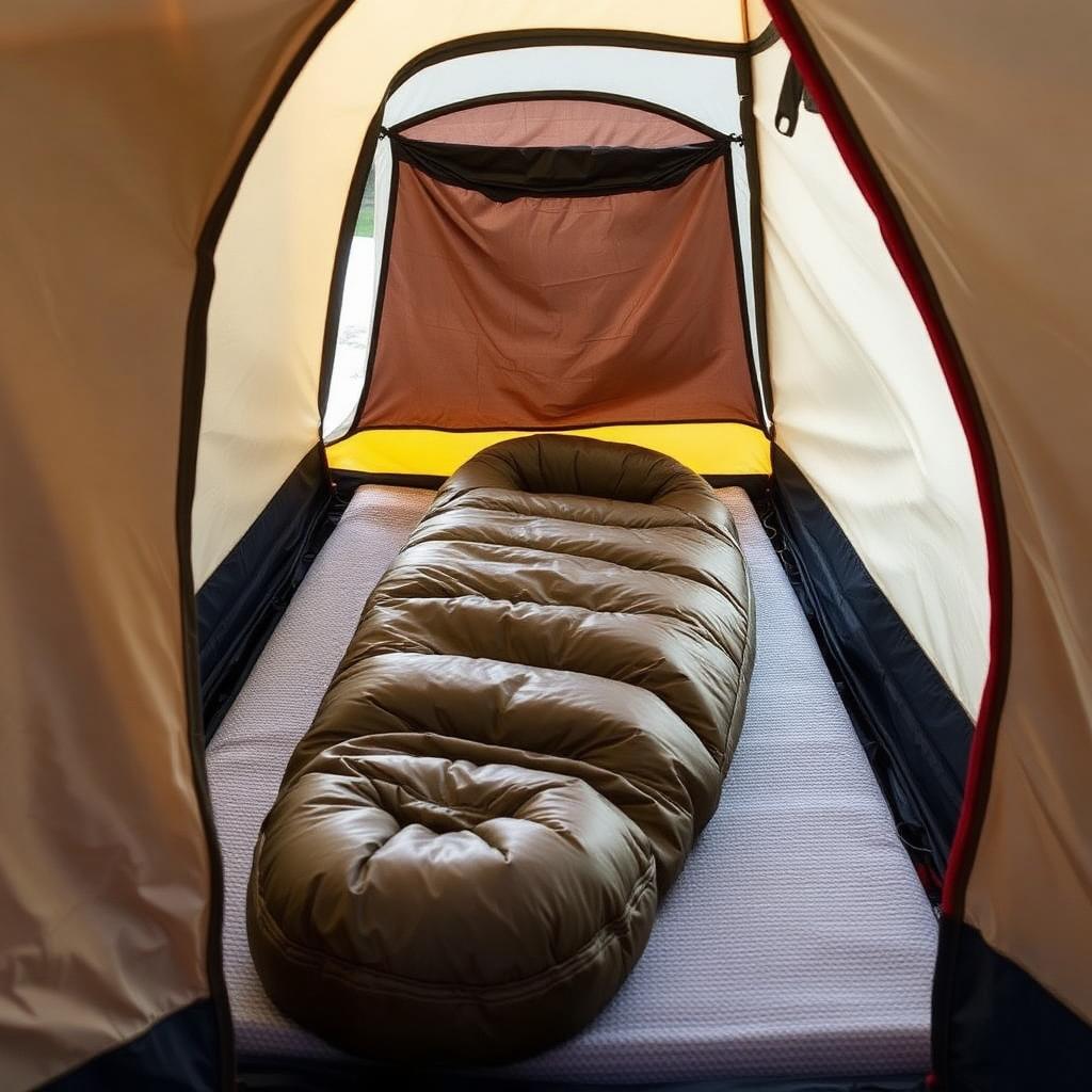 Three-season sleeping bag laid out in a tent