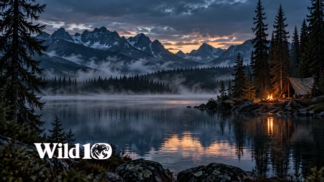 A remote boreal lake at blue hour, dark spruce framing the edges, a tiny weathered canvas lean-to on the far right shore, modest campfire, layered mist and rugged distant mountains.