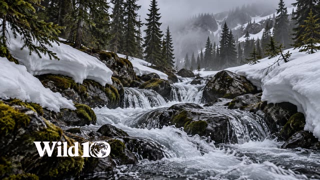 Spring melt stream tumbling between thick old snowbanks and dark mossy stones beneath spruce trees, pure moving silver water, patches of muted forest green, cold mist and overcast light.