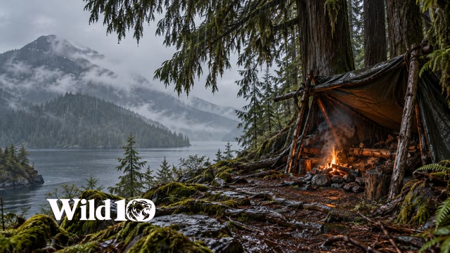 Remote weathered lean-to of rough branches and dark canvas on right third under huge cedar trees, small sheltered campfire, wet mossy forest floor, silver rain haze and warm firelight.