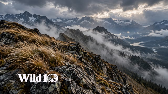 Wind-bent alpine bunchgrass on a steep dark rock ridge, rolling mist in the valley and distant muted peaks, restrained bronze and slate-blue storm light.