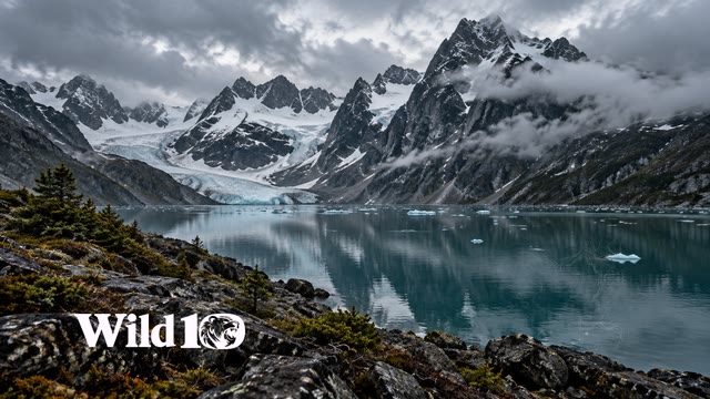 A remote glacial lake beneath jagged cold peaks, low steel-gray clouds wrapping the mountain shoulders, dark rocky shore foreground with sparse dwarf shrubs, deep desaturated teal water, overcast cinematic wilderness.