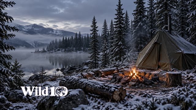 Isolated unbranded olive canvas hot tent on right third among lightly snow-covered spruce, modest outdoor stone-ring campfire, frosted logs, thin distant lake fog, first snow in cold twilight.