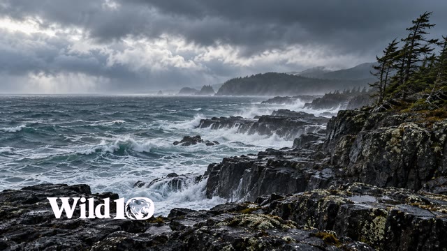 Wide view from a rocky headland across an empty stormy northern sea, charcoal basalt ledges, gray breaking waves, low cloud bands, a few wind-bent shore pines at the far right, cold subdued dramatic light.