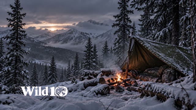 Low olive tarp lean-to in a snowbound pine clearing on right third, modest sheltered campfire outside its edge, frosted wood, small wisps of smoke and windblown snow, cold dusk warm ember contrast.