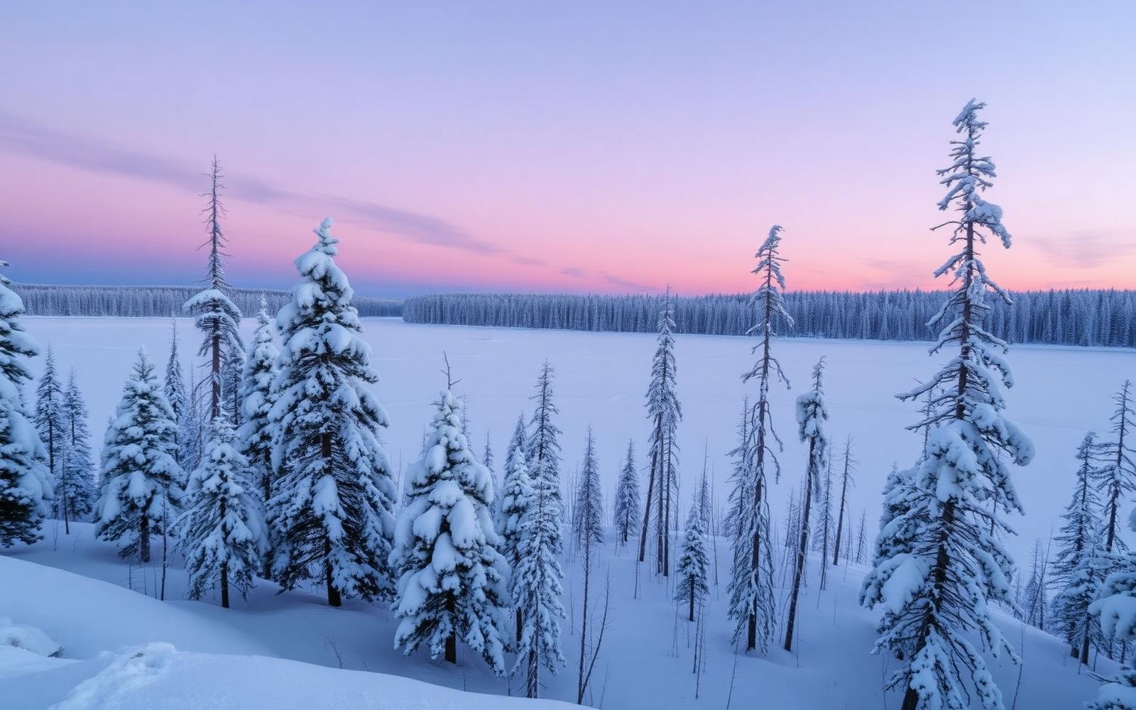Snow-covered boreal taiga at pastel polar twilight in Finnish Lapland