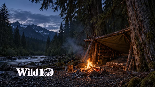 Low rough-log and canvas lean-to on right under enormous cedars, small warm campfire outside on clear gravel, encroaching dark forest and thin blue smoke, nightfall.