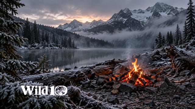Small campfire on gravel right of center surrounded by frost-covered logs and winter conifers, cold mist, low orange flames with rich coal detail, gray dawn.