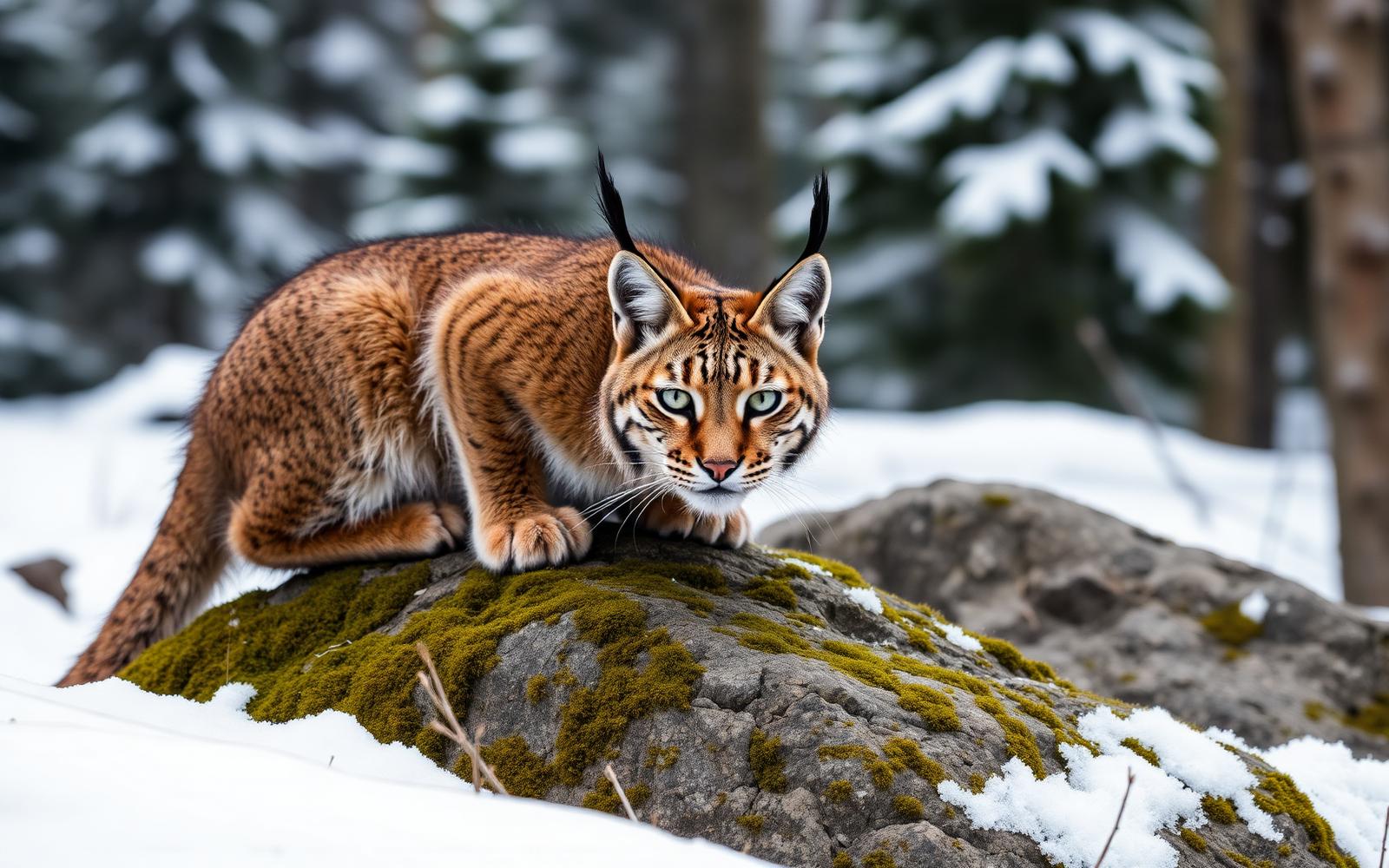 A Canada lynx moving through a snowy boreal forest