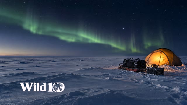A glowing expedition tent on open tundra beneath softly shifting northern lights.