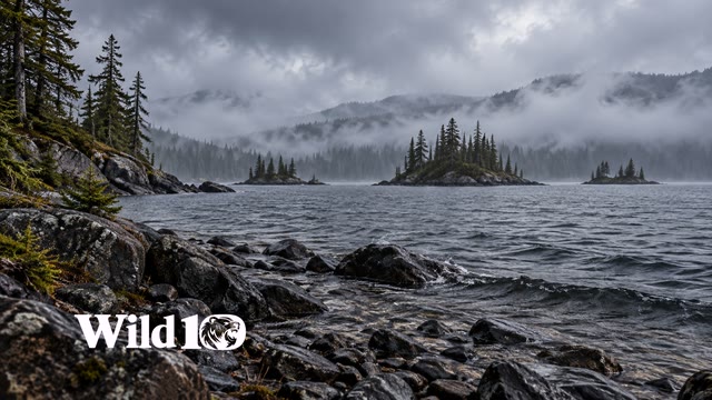 Rocky tiny islands scattered across a huge slate northern lake, far shore lost in layered fog, low viewpoint from wet gravel beach, no boats or buildings.