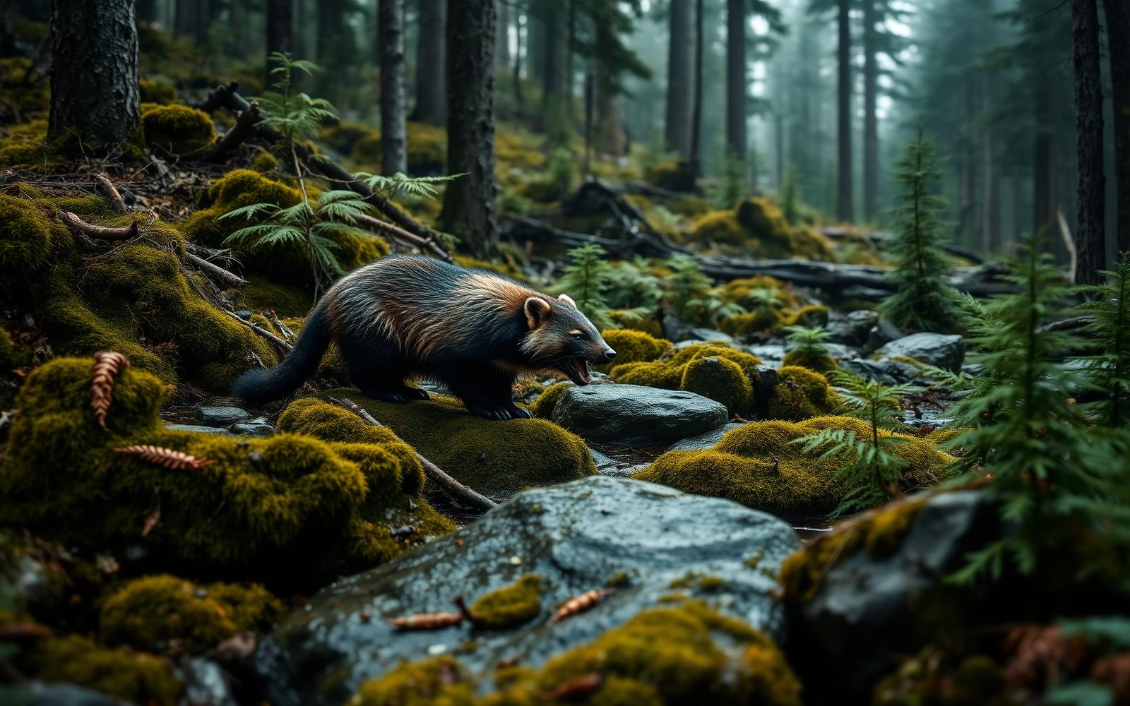 A wolverine on a snowy ridge