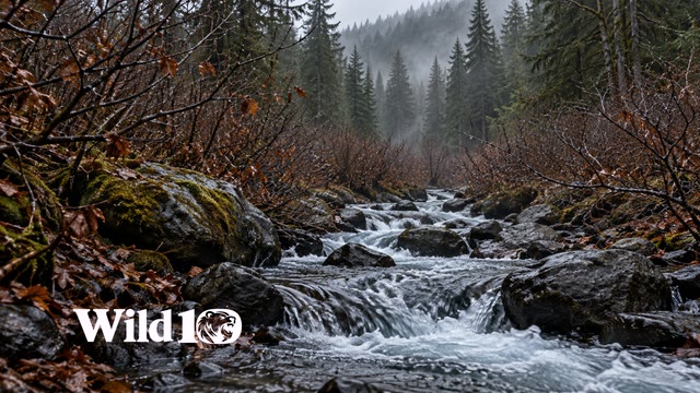A rushing shallow creek threading through bare late-autumn alder branches, wet charcoal stones and brown leaves, misty evergreen background, subdued woodland light.