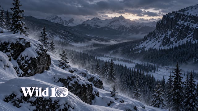 Deep winter conifer valley at blue dusk, drifting blowing snow with dark trunks and thick snow on foreground boulders, subtle atmospheric layers.