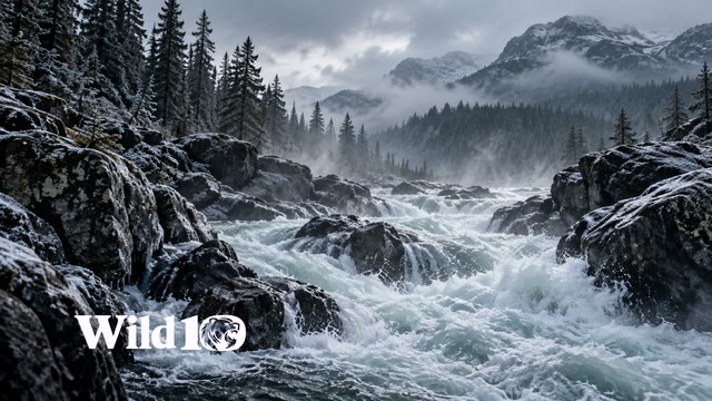 Silver whitewater rapids cutting between dark frost-coated boulders, spruce forest at bank, cold blue-gray mist above the river, realistic natural spray.
