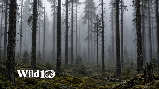 A pure stand of tall thin lodgepole pines fading into thick silver fog, ground carpeted in dull green moss, black vertical silhouettes, compressed telephoto composition, very quiet diffuse dawn.