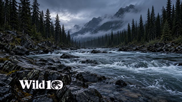 Broad shallow wilderness river flowing between tall dark conifers at blue hour, slick black rocks foreground, mountain ridge disappearing into fog, muted steel-blue moving water and pine green.